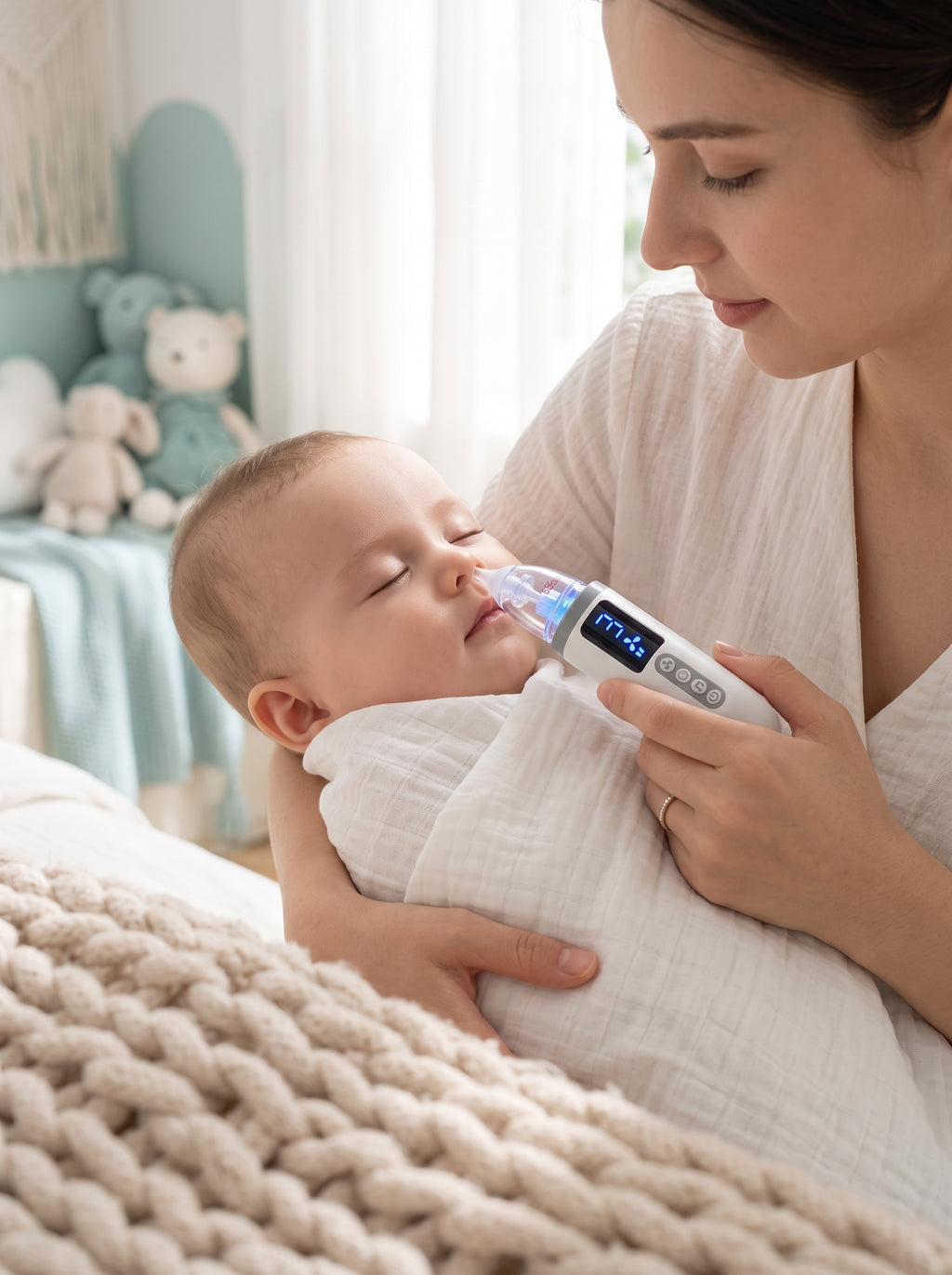Madre usando el aspirador nasal eléctrico Tenlax BabyClear con su bebé en brazos