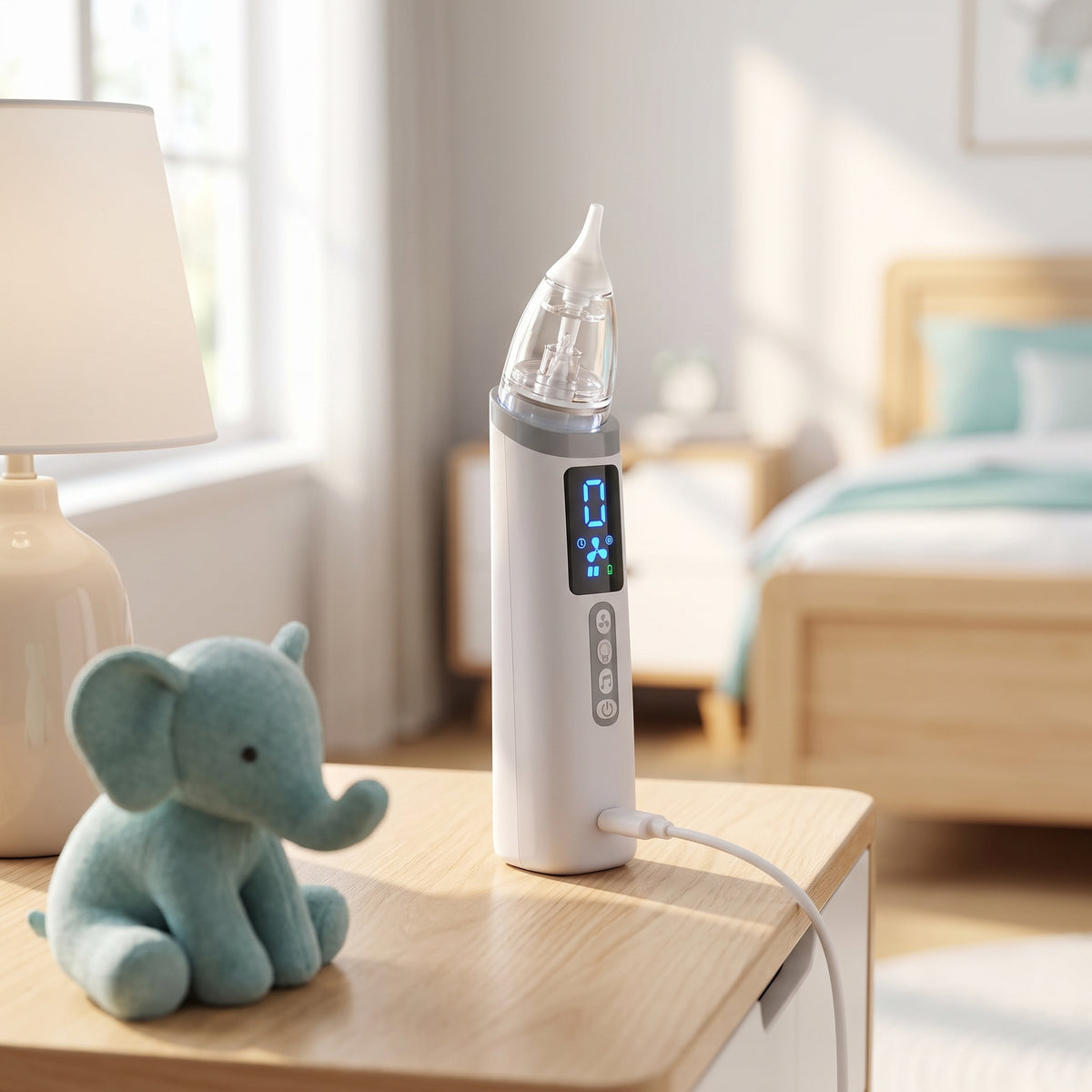 Aspirador nasal BabyClear en la mesita de noche de la habitación del bebé