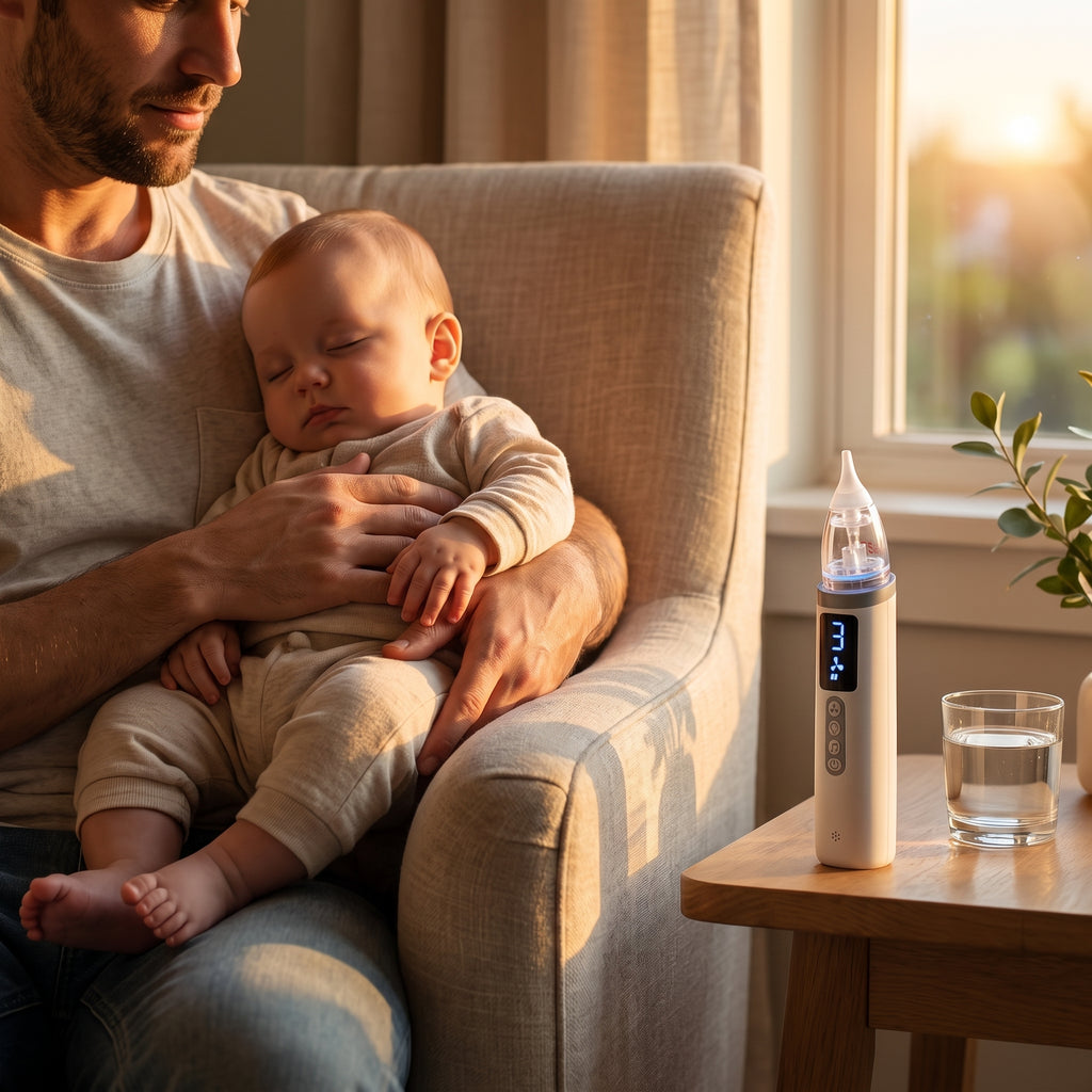 Padre con su bebé dormido y el aspirador nasal BabyClear en la mesa